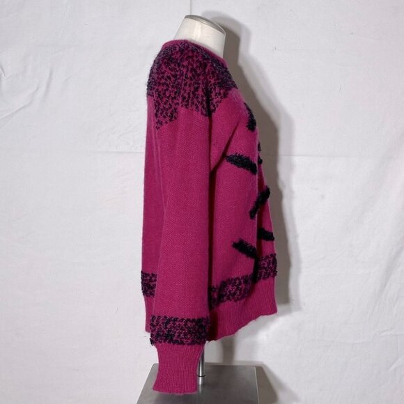 Vintage Franco Valeri Fuchsia Black Textured Knit Crew Neck Sweater M - Picture 5 of 13